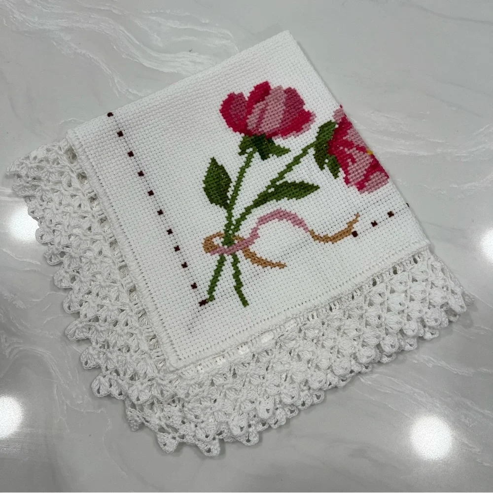 Hand made Floral Cross Stitch Embroidered Floral Accent with White Trim Cottage